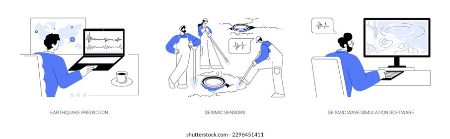 Seismologist abstract concept vector illustration set. Earthquake prediction, seismic sensors, wave simulation software, earthquake prevention, environmental science abstract metaphor.