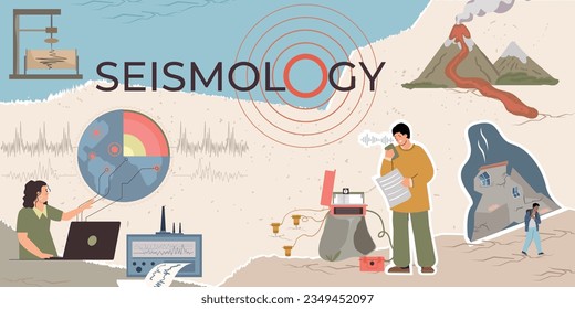 Seismology flat collage with scientist characters working in the conditions of far north vector illustration