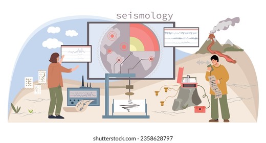 Sismología Composición plana con personas que estudian ondas sísmicas terremoto y erupción volcánica efectos ambientales ilustración vectorial