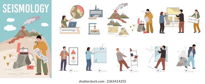 Sismología Composición plana con personas que estudian ciencia de la tierra movimiento tectónico actividad volcánica ilustración vectorial