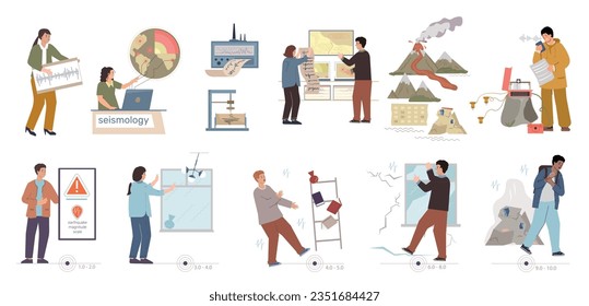 Seismology flat set of scientist characters analyzing and predicting earthquakes working in laboratory and outdoor isolated vector illustration