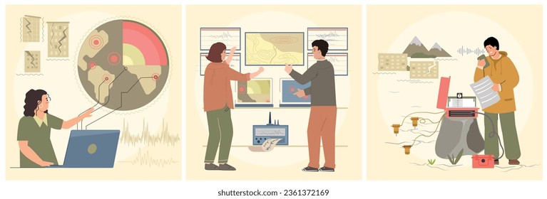 Seismologie, flache quadratische Illustrationen mit wissenschaftlichen Charakteren, die Erdbeben vorhersagen, die im Innen- und Außenbereich funktionieren, einzelne Vektorgrafik