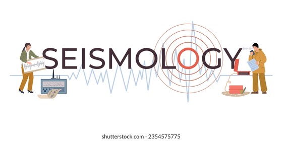 Seismology flat text with big letters and small people characters working with special equipment vector illustration
