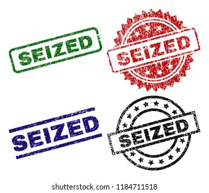 SEIZED seal prints with distress texture. Black, green,red,blue vector rubber prints of SEIZED title with dirty texture. Rubber seals with circle, rectangle, medal shapes.