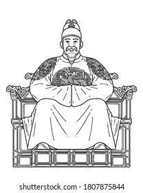 Sejong the Great (15 May 1397 – 8 April 1450) was the fourth king of the Joseon dynasty of Korea. He created and promulgated the Korean alphabet Hangul. Vector line art illustration.