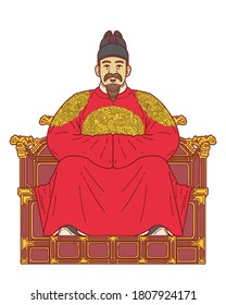 Sejong the Great (15 May 1397 – 8 April 1450) was the fourth king of the Joseon dynasty of Korea. He created and promulgated the Korean alphabet Hangul. Colored vector illustration.