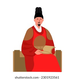 Sejong the Great  was the fourth king of the Joseon dynasty of Korea. He created and promulgated the Korean alphabet Hangul. vector stock illustration