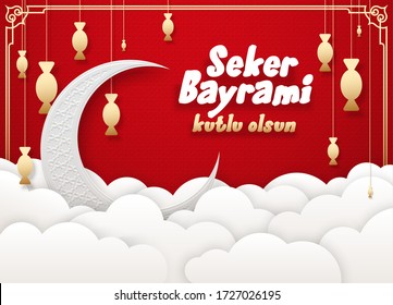 Seker bayrami Eid Al-Fitr mubarak greeting card illustration. Tr: Sugar festival Eid al Adha, Welcoming ramadan Mubarak. muslim holy month posters invitations design with 3d flat paper cut with shadow