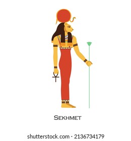 Sekhmet, Ancient Egyptian goddess with lioness head and solar disk. Woman deity of warriors and healing. Old Egypts mythology character. Flat vector illustration isolated on white background