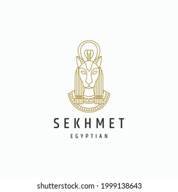Sekhmet egyptian goddes line style logo icon design template vector