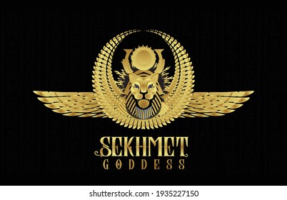 Sekhmet Goddess pharaoh face with wings and sun