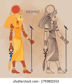 Sekhmet, the goddess of the sun, fire plagues, healing and war In Egyptian mythology. Vector illustration. A woman with the head of a lion and the sun disk above her.