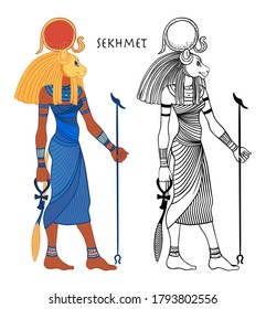 Sekhmet, the goddess of the sun, fire plagues, healing and war In Egyptian mythology. Vector isolated illustration. A woman with the head of a lion and the sun disk above her.