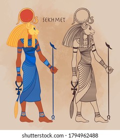 Sekhmet, the goddess of the sun, fire plagues, healing and war In Egyptian mythology. Vector illustration. A woman with the head of a lion and the sun disk above her.