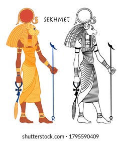 Sekhmet, the goddess of the sun, fire plagues, healing and war In Egyptian mythology. Vector isolated illustration. A woman with the head of a lion and the sun disk above her.