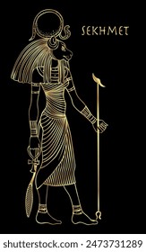 Sekhmet, the goddess of the sun, healing and war In Egyptian mythology. A woman with the head of a lion and the sun disk above her. Hand-drawn vintage vector outline illustration in gold over black.