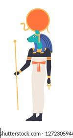 Sekhmet or Sachmis - goddess of healing, solar deity or mythological creature with lioness head holding ankh symbol. Mythology and religion of ancient Egypt. Colored vector illustration in flat style.