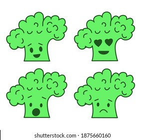 Sel of emoji broccoli stickers isolated on white background