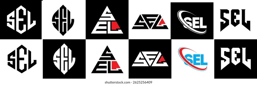 SEL letter logo design in six style. SEL polygon, circle, triangle, hexagon, flat and simple style with black and white color variation letter logo set in one artboard. SEL minimalist and classic logo