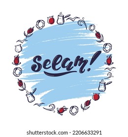 Selam. Hand lettering. Vector logo of Turkey in black color with seagulls nazar symbol, simit turkish tea coffee garnet souvenir products, banner emblem, travel blog social media, brochure, flyer.