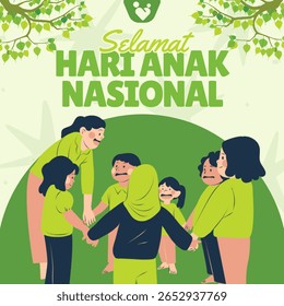 Selamat Hari Anak Nasional, translation: Happy National Children's Day, with the concept of children holding hands with their teacher. Outdoor cartoon design dominated by green. Vector illustration.