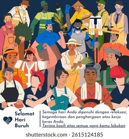 Selamat Hari Buruh, translate: Happy labor day with a group of people from various professions. Cartoon character design and greeting text. International labour Day Vector Illustration