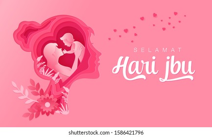 Selamat Hari Ibu. translation: Happy indonesia Mother's day. Greeting card illustration of mother and baby inside paper cut woman head silhouette