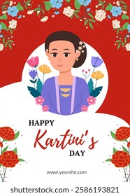 Selamat Hari Kartini. Happy Kartini's Day. Indonesian Female Hero. Vector illustration design with text and flowers for poster, banner, flyer and many more.