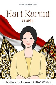 Selamat Hari Kartini. Happy Kartini's Day. Indonesian Female Hero. Vector illustration design with text and wayang for poster, banner, flyer and many more.