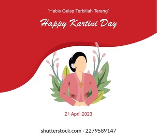 Selamat Hari Kartini Means Happy Kartini Day. Kartini is Indonesian Female Hero. javanese woman figure wearing kebaya traditional dress  with indonesia's flag background.Vector Illustration