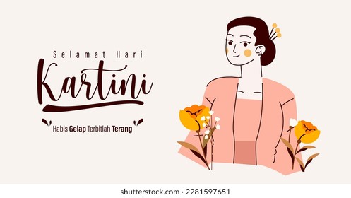 Selamat Hari Kartini significa Feliz Día de Kartini. Kartini es una heroína indonesia. Habis gelap terbitlah terang significa After Darkness viene Light. Ilustración vectorial.