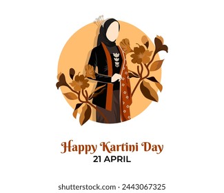 Selamat Hari Kartini Means Happy Kartini Day. Kartini is Indonesian Female Hero. javanese woman figure wearing kebaya traditional dress .Vector Illustration