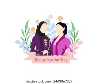 Selamat Hari Kartini Means Happy Kartini Day. Kartini is Indonesian Female Hero. javanese woman figure wearing kebaya traditional dress .Vector Illustration