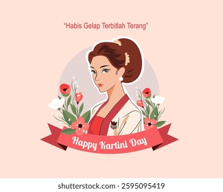 Selamat Hari Kartini Means Happy Kartini Day. Kartini is Indonesian Female Hero. javanese woman figure wearing kebaya traditional dress .Vector Illustration

Keywords language: English