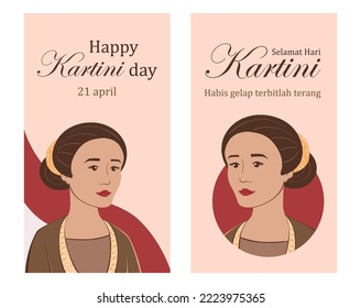 Selamat hari Kartini. Translation Happy Kartini day. Habis gelap terbitlah terang means After Darkness comes Light. Indonesian Hero Kartini with Indonesian flag vector illustration