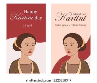 Selamat hari Kartini. Translation Happy Kartini day. Habis gelap terbitlah terang means After Darkness comes Light. Indonesian Hero Kartini with Indonesian flag vector illustration
