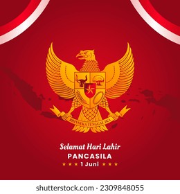Selamat Hari Lahir Pancasila 1 Juni. Happy Pancasila Day Background with Indonesian Flags and Garuda Bird Symbol. Vector Illustration svg