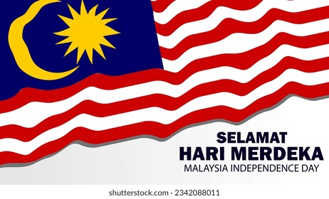 Selamat Hari Merdeka, Malaysia independence day. Malaysian flag with bold text on white background to commemorate Malaysia Independence Day on August 31