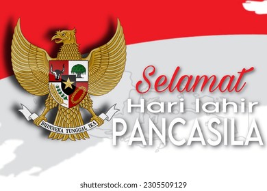 Selamat hari pancasila means Happy Pancasila Day, the symbol of the Republic of Indonesia. Hand holding Garuda Pancasila emblem Isolated on white background. Indonesia pancasila day concept svg