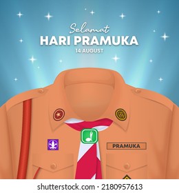 Selamat Hari Pramuka oder glücklicher indonesischer Pfadfinderhintergrund mit einer Uniform von Scout und Funkeln