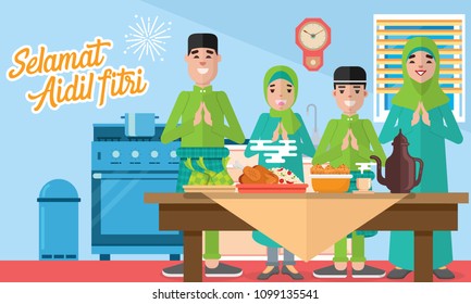 Selamat hari raya aidil fitri vector illustration with muslim family feasts, plentiful food, desserts and ketupat. Flat style vector illustration for Eid greeting card, banner, poster