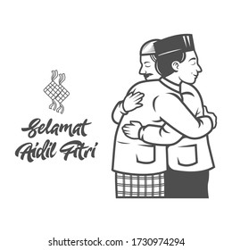 Selamat hari raya aIdil Fitri is another language of happy eid mubarak in Indonesian. Cartoon two muslim  people celebrating Eid al fitr with hug each other and apologize each other illustration.