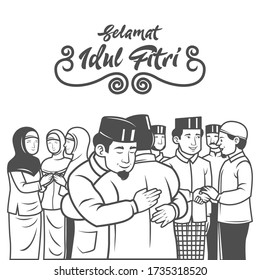 Selamat hari raya aIdil Fitri is another language of happy eid mubarak in Indonesian.muslim people celebrating Eid al fitr with hug each other and apologize each other illustration.