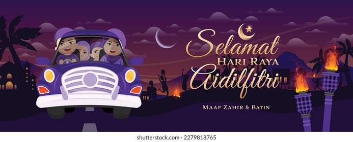 Selamat Hari Raya Aidilfitri Balik Kampung Greeting Card with A Cute Muslim Family (Vector)