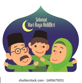 Selamat hari raya aidilfitri. Cartoon Muslim family character with malay traditional costumes celebrating Muslim festival with greeting on mosque shape background. Flat art vector