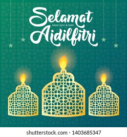 Selamat Hari Raya Aidilfitri greeting card vector illustration. (Caption: Fasting Day celebration also known as Eid al-Fitr)
