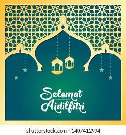 Selamat Hari Raya Aidilfitri greeting card vector illustration. (Caption: Fasting Day celebration also known as Eid al-Fitr)