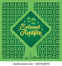 Selamat Hari Raya Aidilfitri greeting card vector illustration. (Caption: Fasting Day celebration also known as Eid al-Fitr)