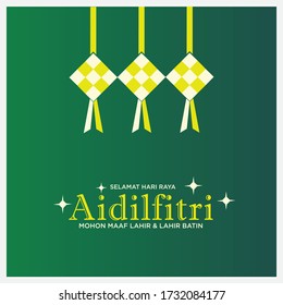 Selamat Hari Raya Aidilfitri greeting card. Vector illustration. Hanging ketupat and crescent with stars, garlands on green background. Caption: Fasting Day of Celebration