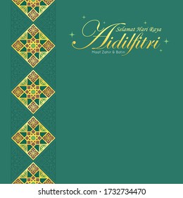 Selamat Hari Raya Aidilfitri Greeting Template. Modern Morocco Islamic Motif In Gold Color. Arabic Geometric Pattern Design On Green Background. (translation: Fasting Day Celebration)